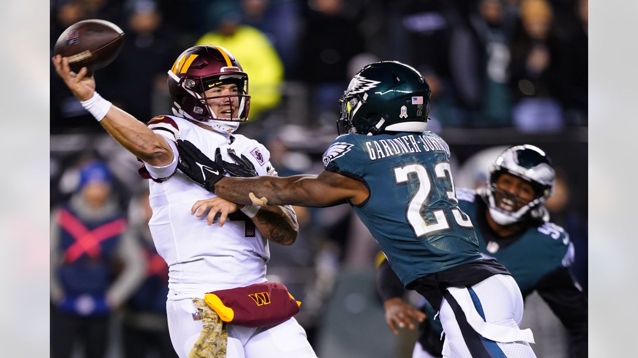 Washington Commanders quarterback Taylor Heinicke (4) in action during the  first half of an NFL football game against the Minnesota Vikings, Sunday,  Nov. 6, 2022, in Landover, Md. (AP Photo/Nick Wass Stock