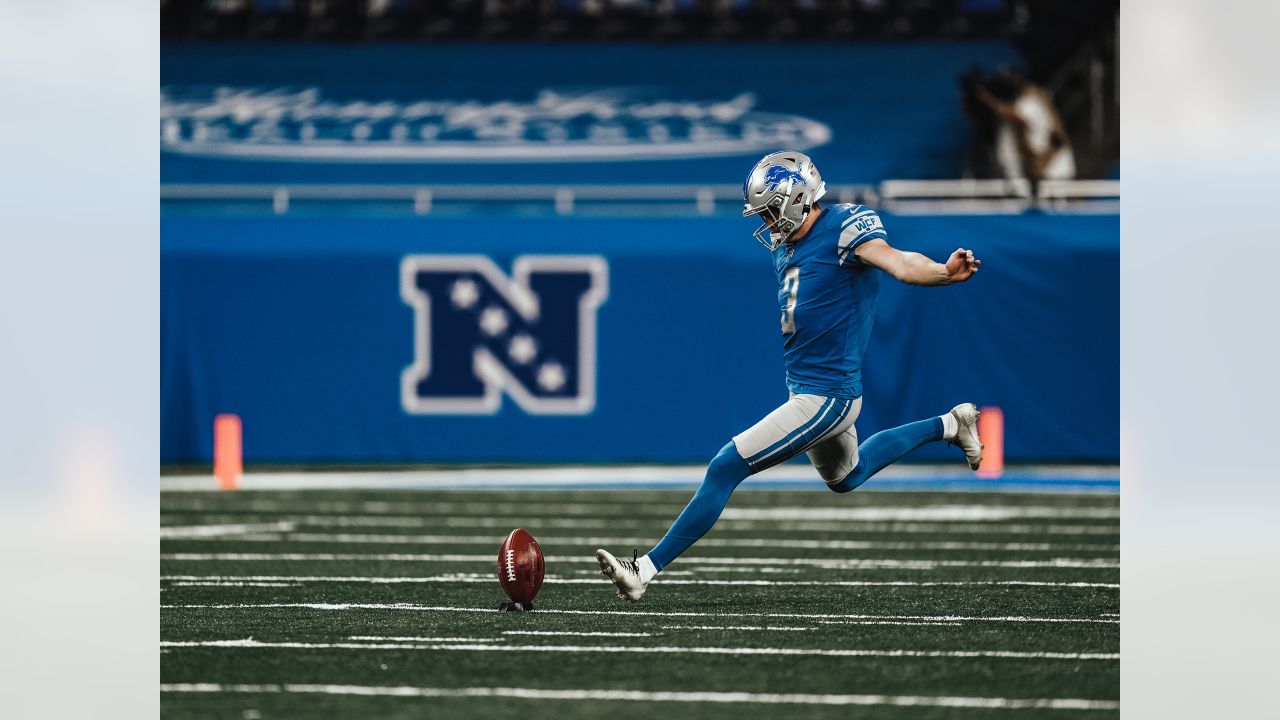 Detroit Lions punter Jack Fox (3) kicks off against the Seattle