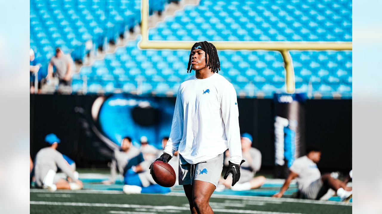 Detroit Lions running back Jahmyr Gibbs (26) warms up before the first half  of a preseason NFL football game between the Detroit Lions and the  Jacksonville Jaguars, Saturday, Aug. 19, 2023, in