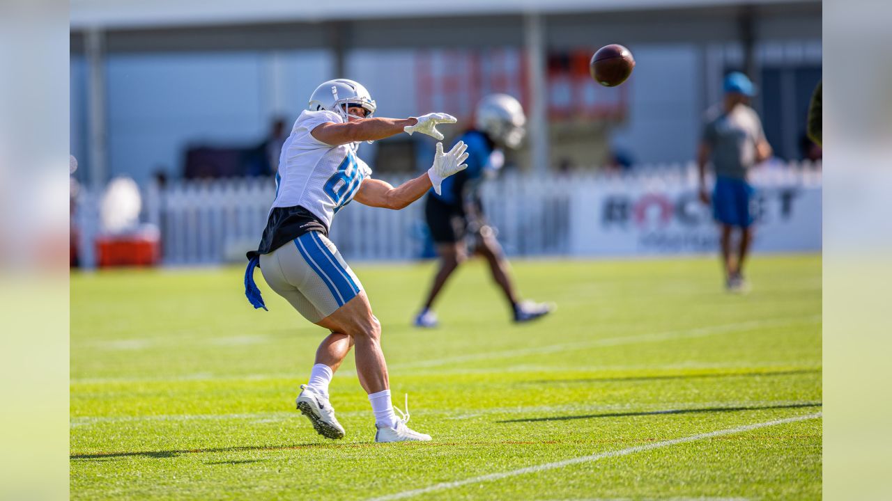 FILE - In this July 25, 2019, file photo, Detroit Lions wide receiver Danny  Amendola runs a drill at the Lions NFL football practice facility in Allen  Park, Mich. The 33-year-old Amendola