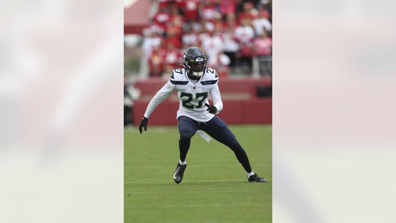 Seattle Seahawks cornerback Tariq Woolen (27) gets set during an NFL  football game against the Carolina