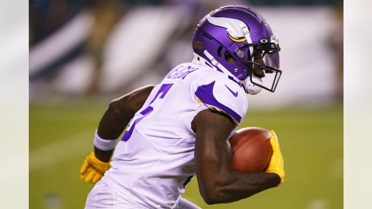 Minnesota Vikings wide receiver K.J. Osborn (17) runs up field during the  second half of an NFL football game against the Philadelphia Eagles,  Monday, Sept. 19, 2022, in Philadelphia. (AP Photo/Chris Szagola