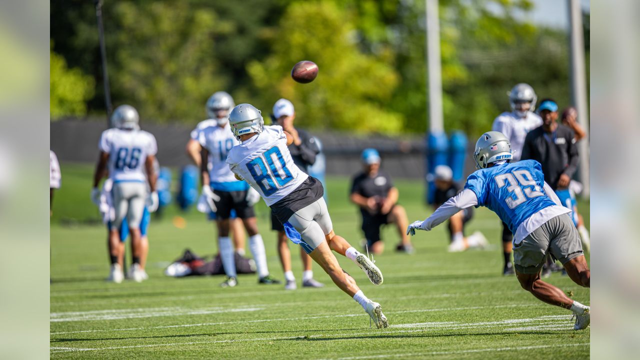 FILE - In this July 25, 2019, file photo, Detroit Lions wide receiver Danny  Amendola runs a drill at the Lions NFL football practice facility in Allen  Park, Mich. The 33-year-old Amendola