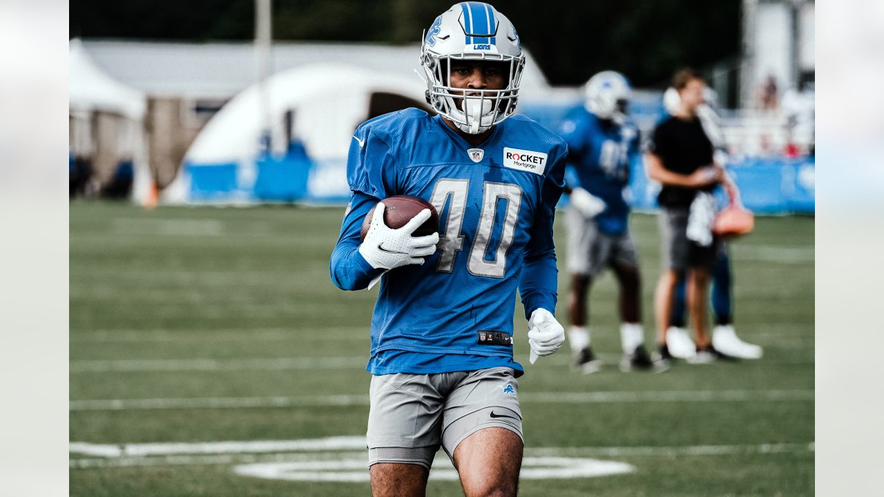 Detroit Lions' Jamie Collins (8) talks with team owner Sheila Ford