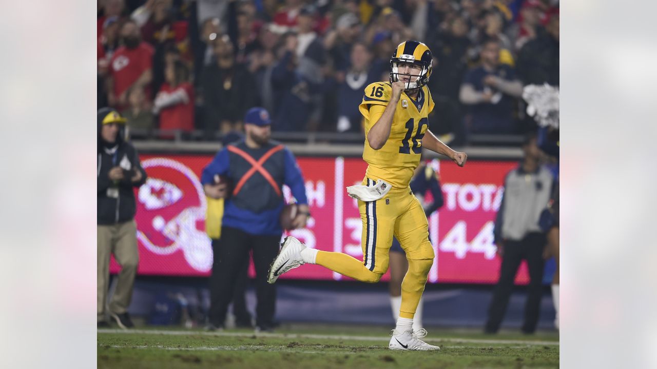 Los Angeles Rams quarterback Jared Goff wears an NFC Champions hat