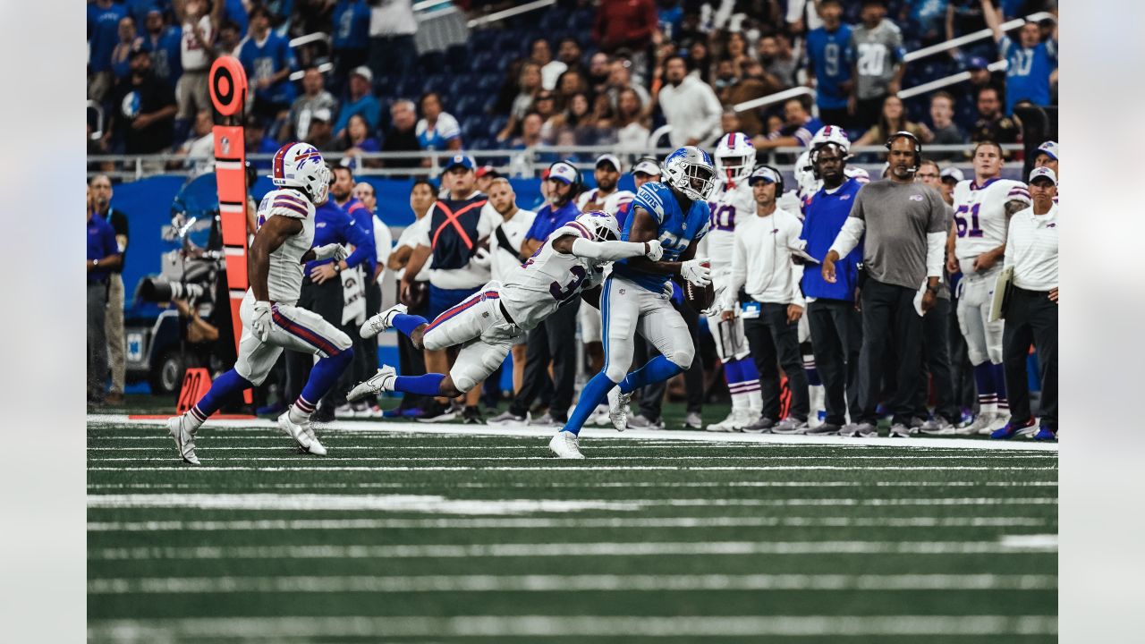 Buffalo Bills defensive end Shaq Lawson (90) watches against the Detroit  Lions in the first half of an NFL preseason football game in Detroit,  Friday, Aug. 23, 2019. (AP Photo/Rick Osentoski Stock