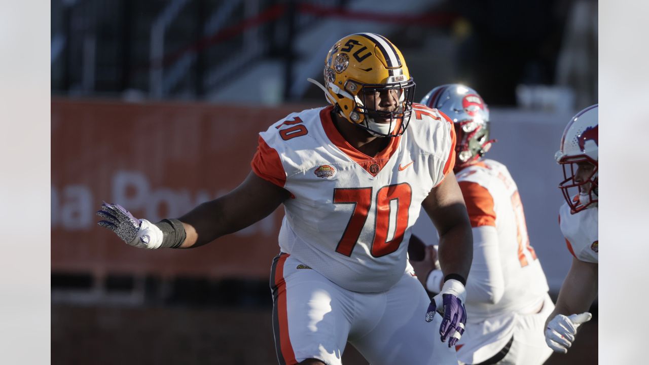 National Team offensive lineman Matt Waletzko of North Dakota and offensive  lineman Bernhard Raimann of Central Michigan run through drills during  practice for the Reese's Senior Bowl Tuesday, Feb. 2, 2022, in