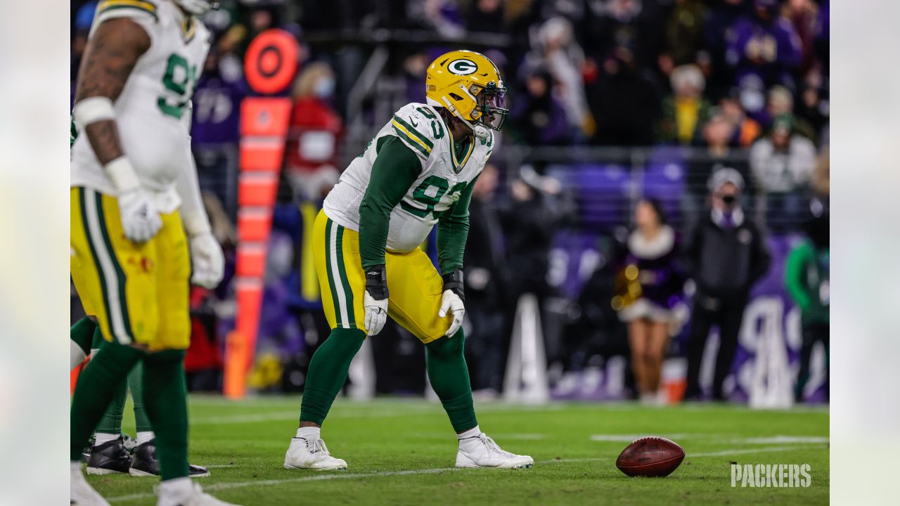 October 24, 2021: Green Bay Packers defensive end Dean Lowry #94 celebrates  a sack during NFL football game between the Washington Football Team and  the Green Bay Packers at Lambeau Field in