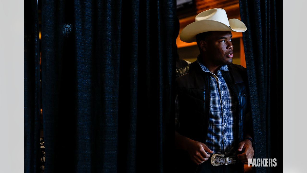 Aaron Rodgers sports Canadian tuxedo at Welcome Back Packers Luncheon