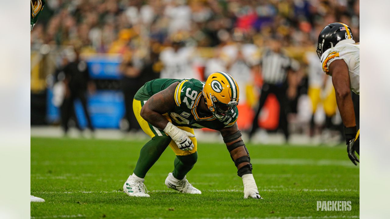 October 24, 2021: Green Bay Packers defensive end Dean Lowry #94 celebrates  a sack during NFL football game between the Washington Football Team and  the Green Bay Packers at Lambeau Field in