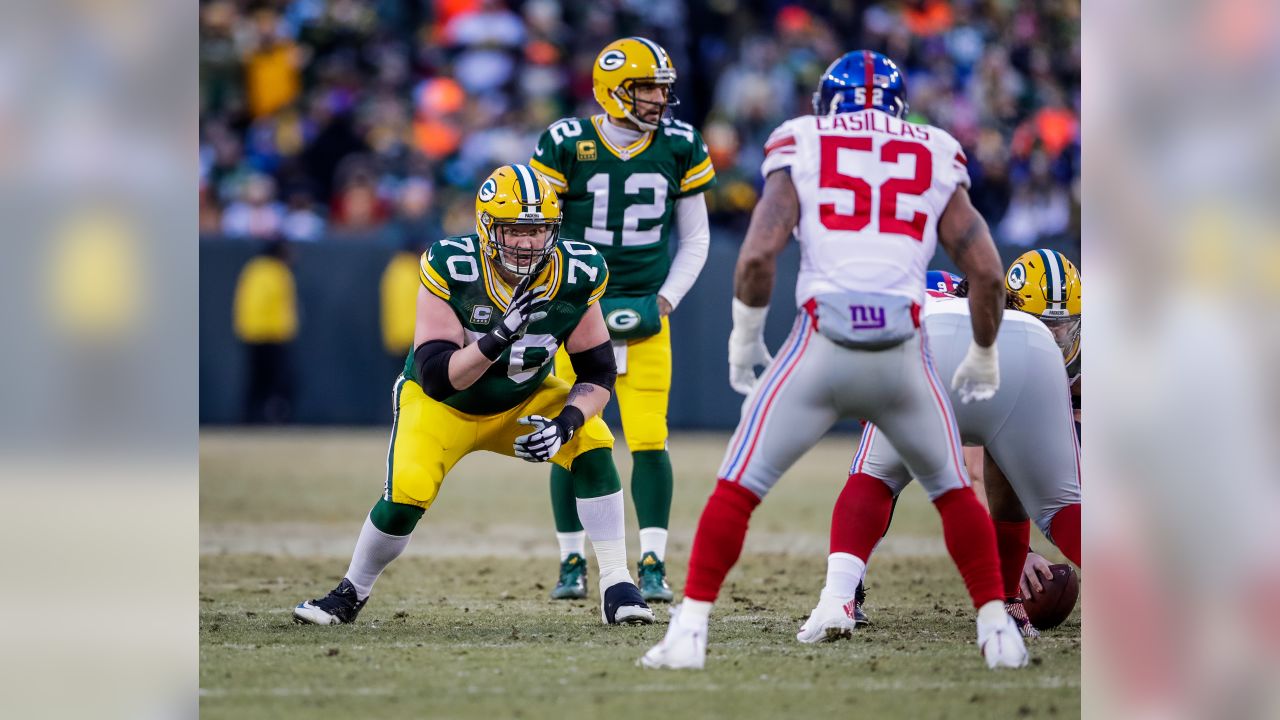 Green Bay Packers offensive guard T.J. Lang is shown before their