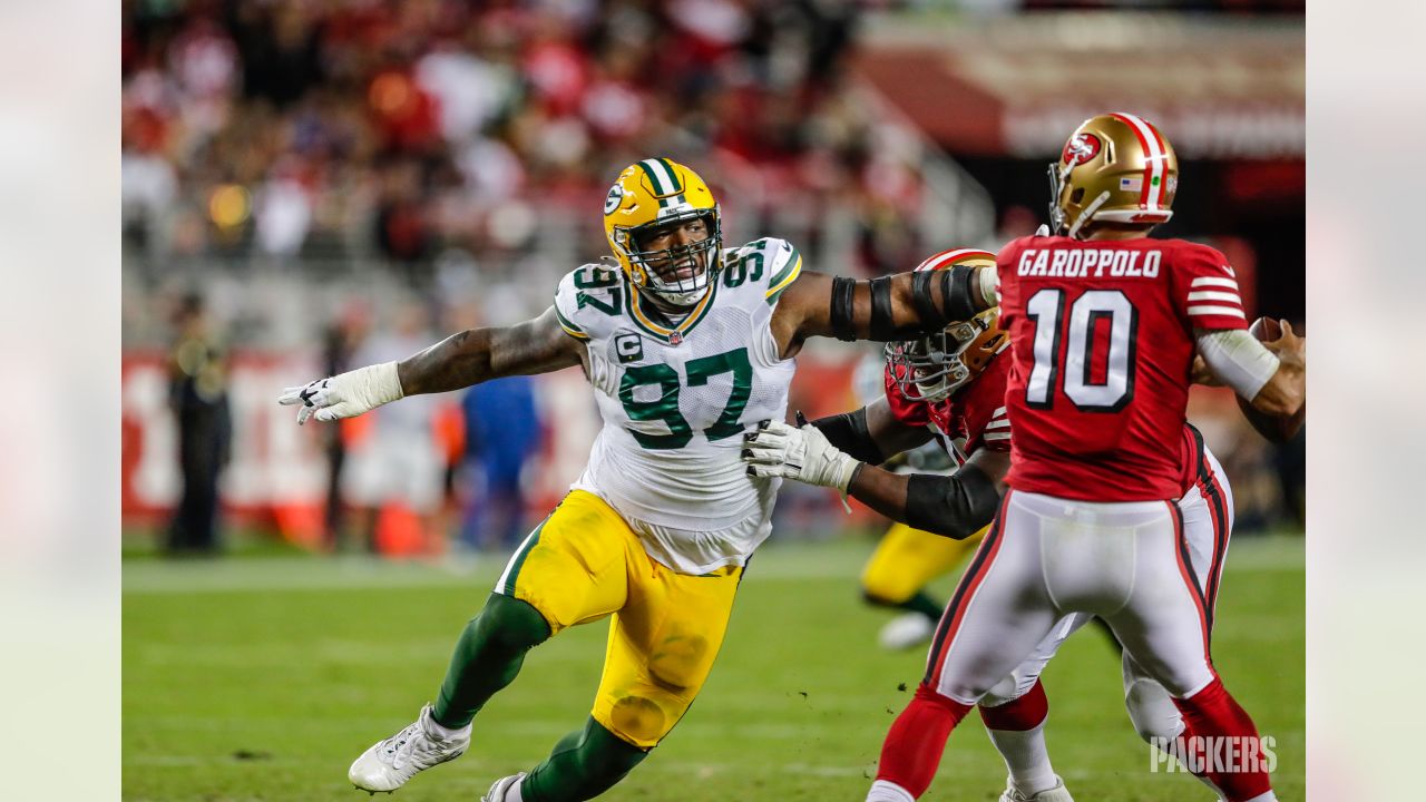 October 24, 2021: Green Bay Packers defensive end Dean Lowry #94 celebrates  a sack during NFL football game between the Washington Football Team and  the Green Bay Packers at Lambeau Field in