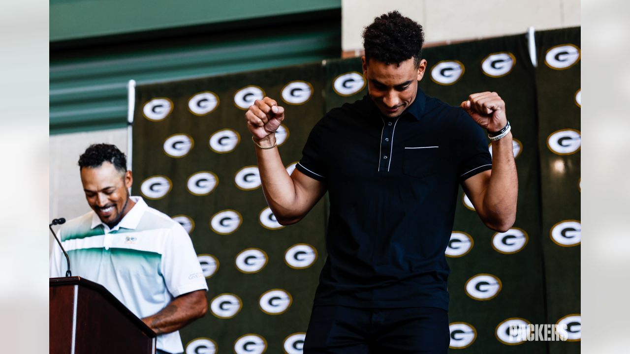 Aaron Rodgers sports Canadian tuxedo at Welcome Back Packers Luncheon