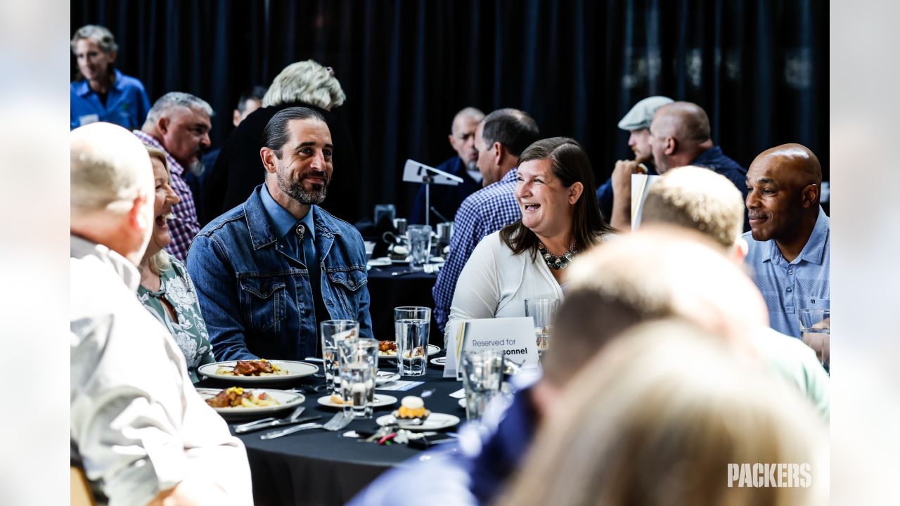 Aaron Rodgers sports Canadian tuxedo at Welcome Back Packers Luncheon