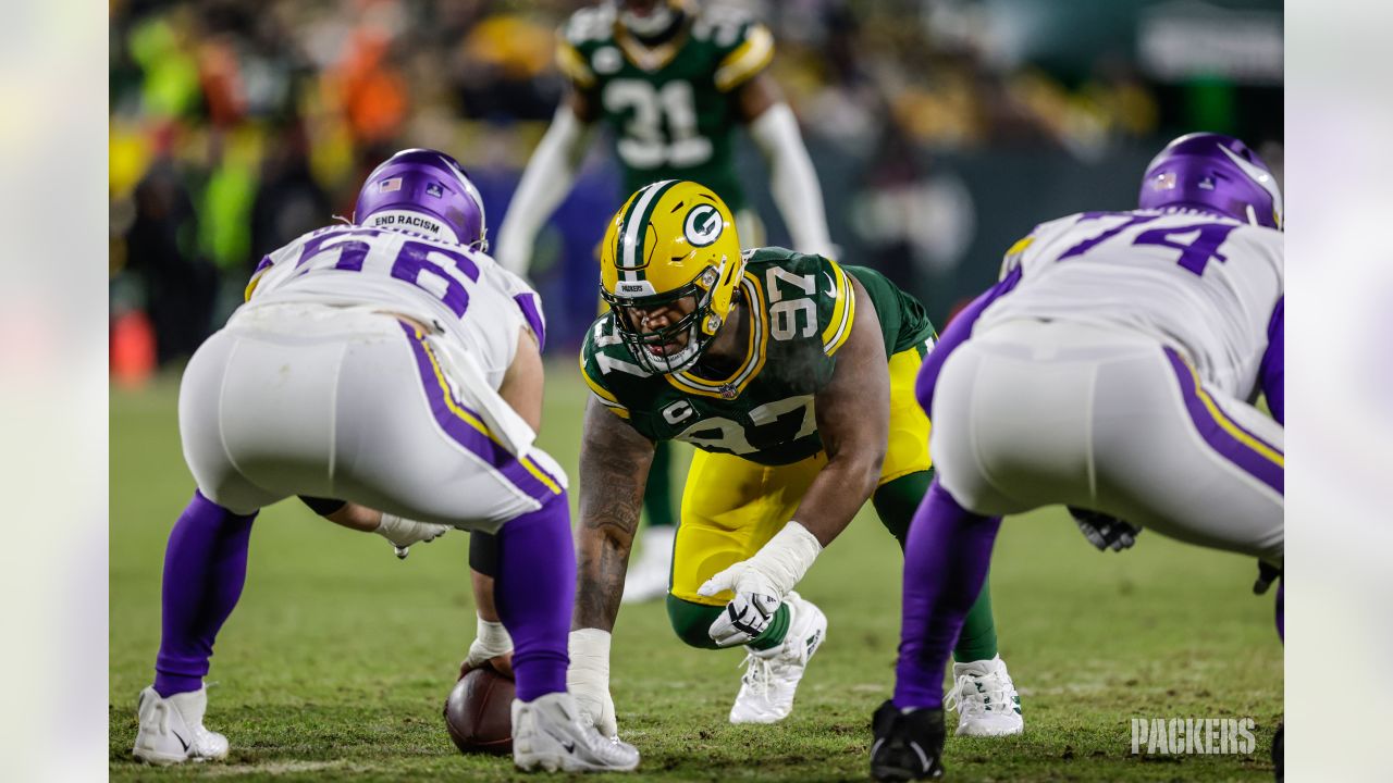 October 24, 2021: Green Bay Packers defensive end Dean Lowry #94 celebrates  a sack during NFL football game between the Washington Football Team and  the Green Bay Packers at Lambeau Field in