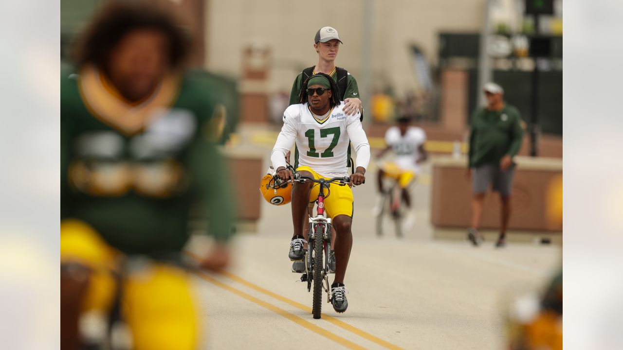 ASHWAUBENON, WI - AUGUST 05: Green Bay Packers running back AJ Dillon (28)  makes a catch during Green Bay Packers Family Night at Lambeau Field, on  August 5, 2022 in Green Bay