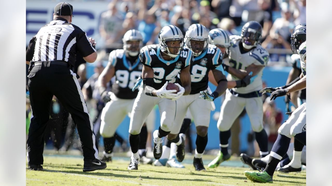 Sep 27, 2015; Charlotte, NC, USA; Carolina Panthers quarterback Cam Newton  (1) signals a first down in the third quarter. The Panthers defeated the  Saints 27-22 at Bank of America Stadium. (Bob