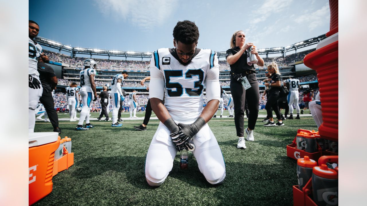 Carolina Panthers linebacker Arron Mosby (46) lines up on defense during an  NFL preseason football game against the Buffalo Bills, Saturday, Aug. 26,  2022, in Charlotte, N.C. (AP Photo/Brian Westerholt Stock Photo - Alamy