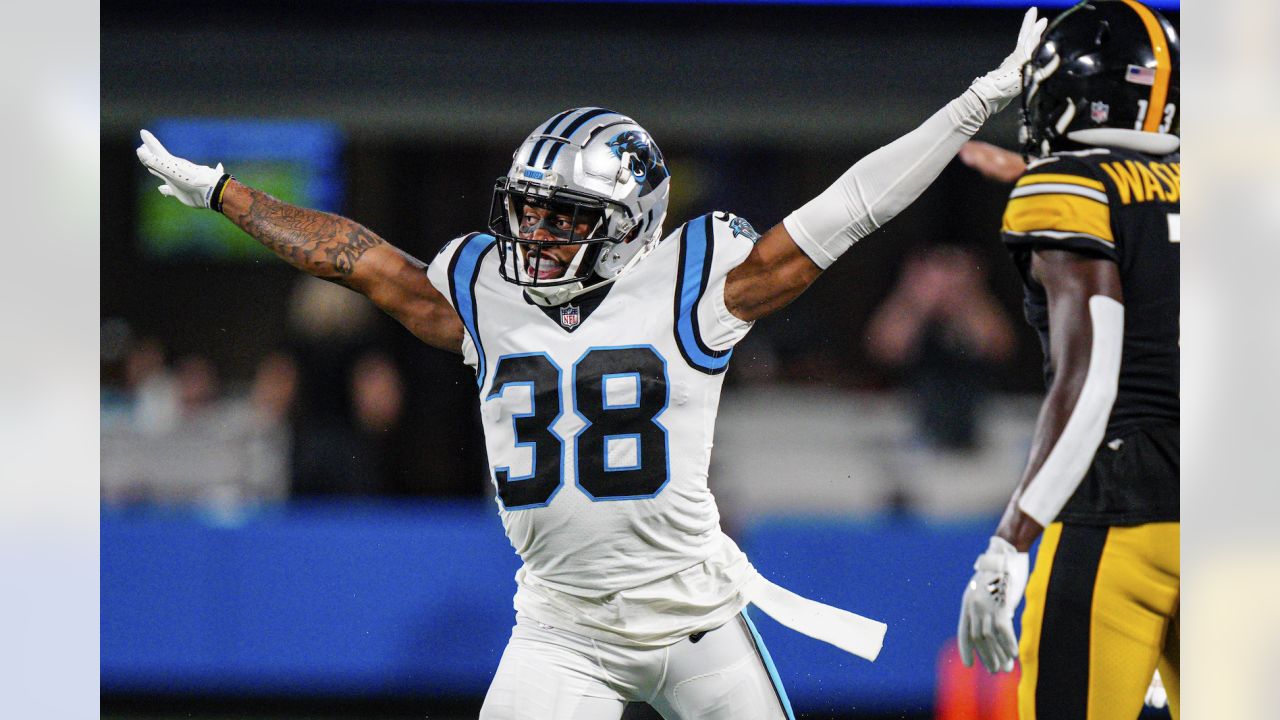 Carolina Panthers cornerback Myles Hartsfield (38) takes the field before  an NFL football game against the New York Giants on Sunday, Sept. 18, 2022,  in East Rutherford, N.J. (AP Photo/Adam Hunger Stock