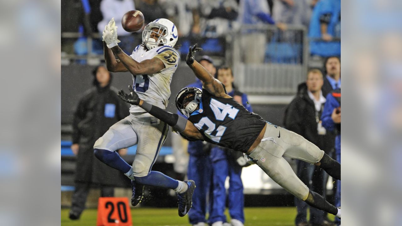 Carolina Panthers defensive back Kurt Coleman (20) after making an  interception during the NFL football game between the Indianapolis Colts  and the Carolina Panthers on Monday, Nov. 2, 2015 in Charlotte, NC.