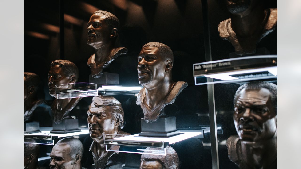 They've taken their places. The bronze busts of the nine members of the Pro  Football Hall of Fame's Class of 2023 are now home.