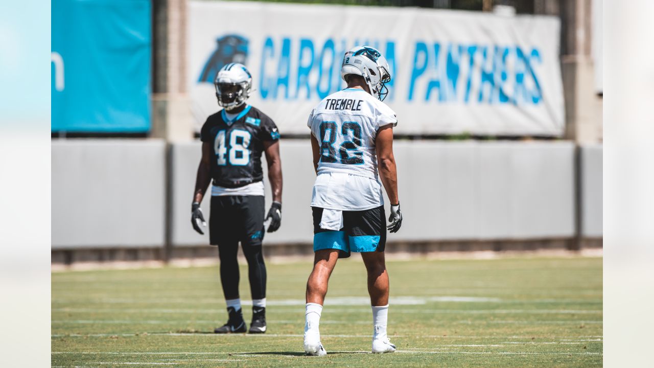 Tommy Tremble of the Carolina Panthers walks off the field following