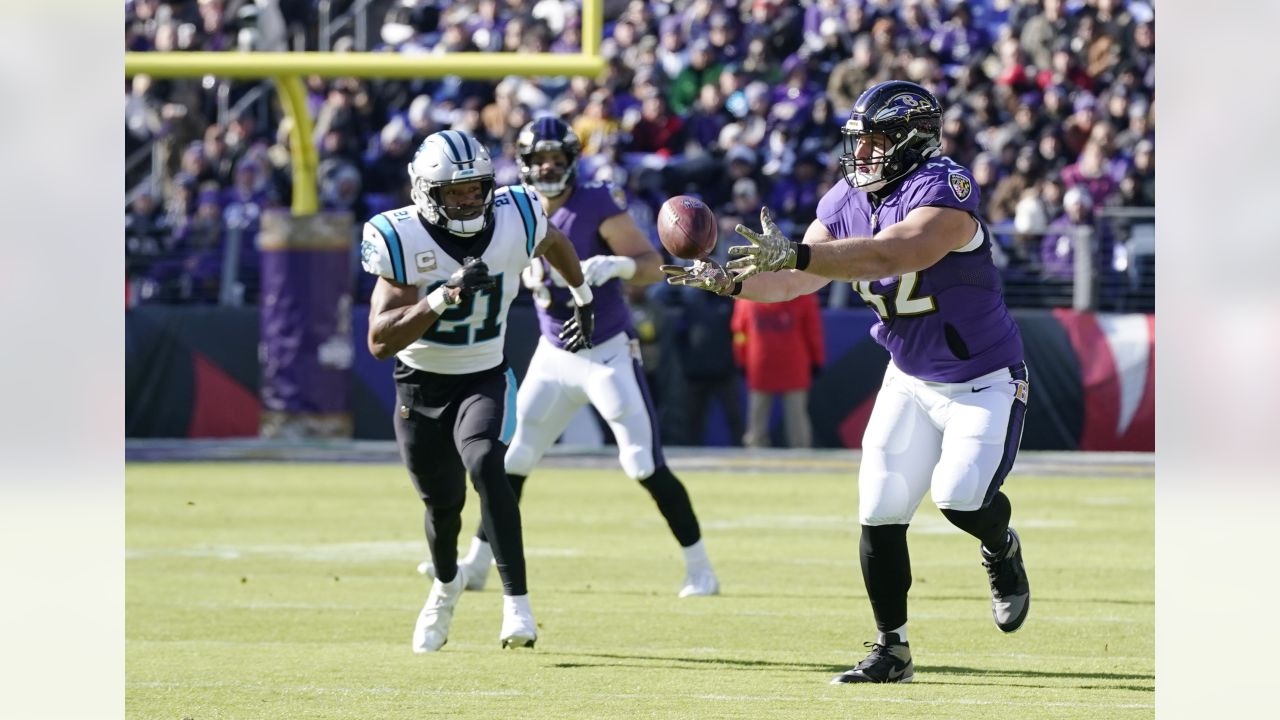 Baltimore Ravens fullback Patrick Ricard (42) takes to the field before an  NFL football game between the Miami Dolphins and the Baltimore Ravens,  Sunday, Sept. 18, 2022, in Baltimore. (AP Photo/Nick Wass