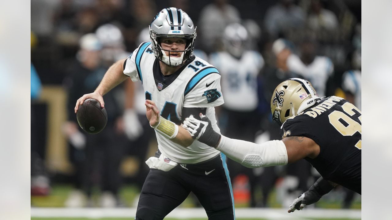 Sam Darnold Carolina Panthers Game-Used #14 White Jersey vs. New Orleans  Saints on January 2 2022