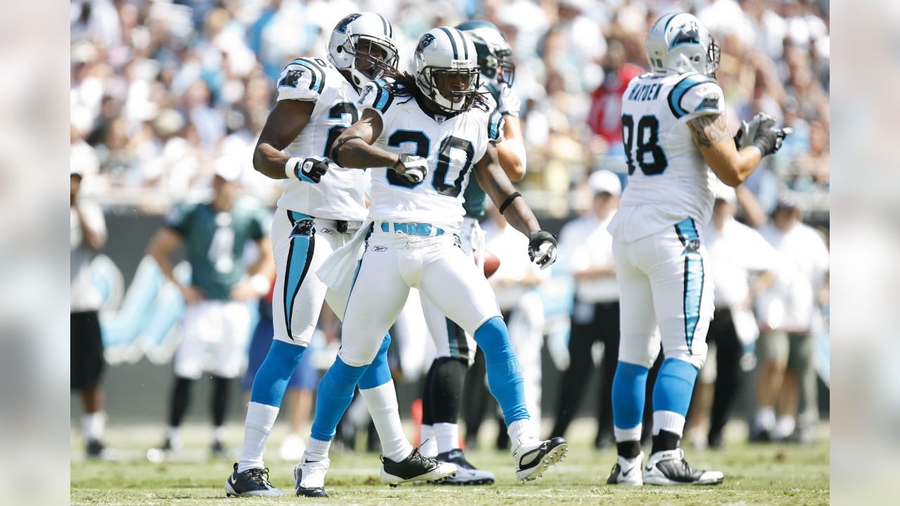 Carolina Panthers cornerback Chris Gamble (20) watches the last of