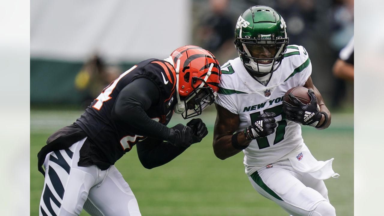 A close up, detail view of a Cincinnati Bengals helmet before an NFL  football game between the New York Jets and the Cincinnati Bengals, Sunday,  Sept. 25, 2022, in East Rutherford, N.J.