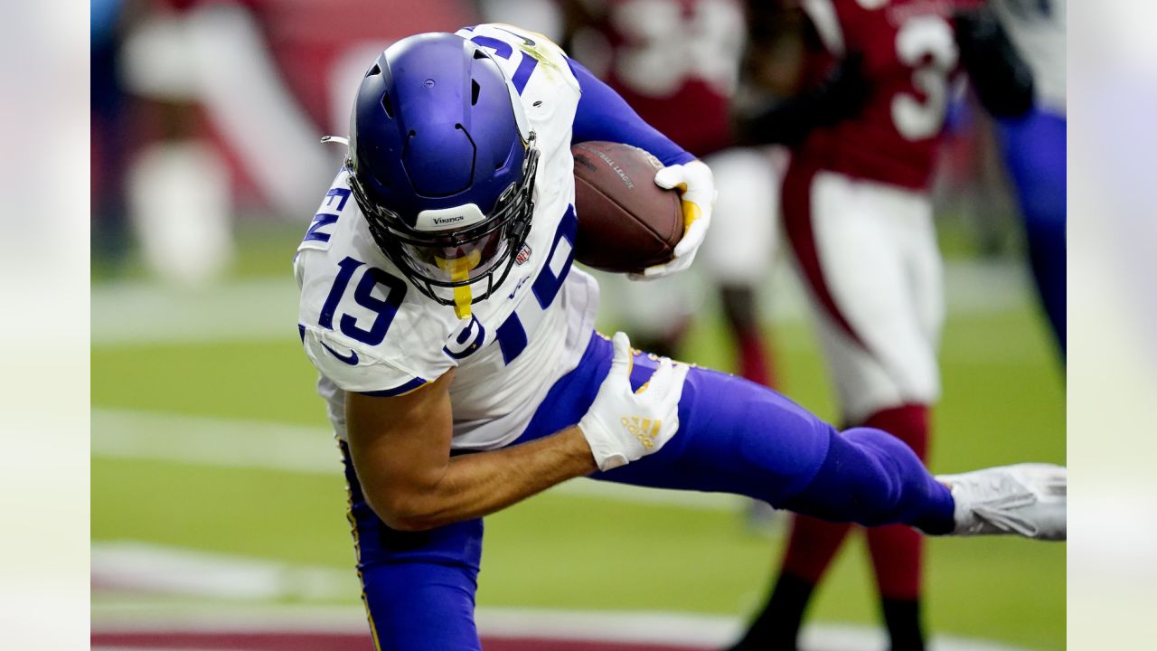 MINNEAPOLIS, MN - SEPTEMBER 25: Minnesota Vikings Wide Receiver Adam  Thielen (19) looks on after scoring a touchdown during the NFL game between  the Detroit Lions and the Minnesota Vikings on September