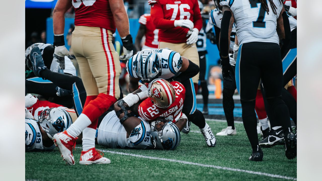 Crucial Catch banner is seen before an NFL football game between the  Carolina Panthers and the San Francisco 49ers on Sunday, Oct. 9, 2022, in  Charlotte, N.C. (AP Photo/Jacob Kupferman Stock Photo 