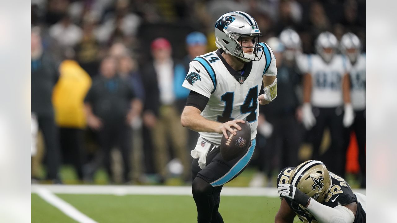 Carolina Panthers wide receiver Shi Smith (12) reacts after a first down  during an NFL football game against the New Orleans Saints, Sunday, Sept.  25, 2022, in Charlotte, N.C. (AP Photo/Jacob Kupferman