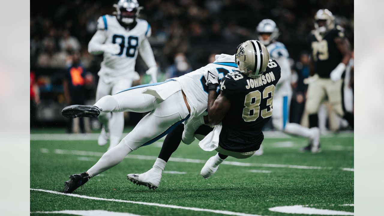 Carolina Panthers cornerback Myles Hartsfield (38) takes the field before  an NFL football game against the New York Giants on Sunday, Sept. 18, 2022,  in East Rutherford, N.J. (AP Photo/Adam Hunger Stock