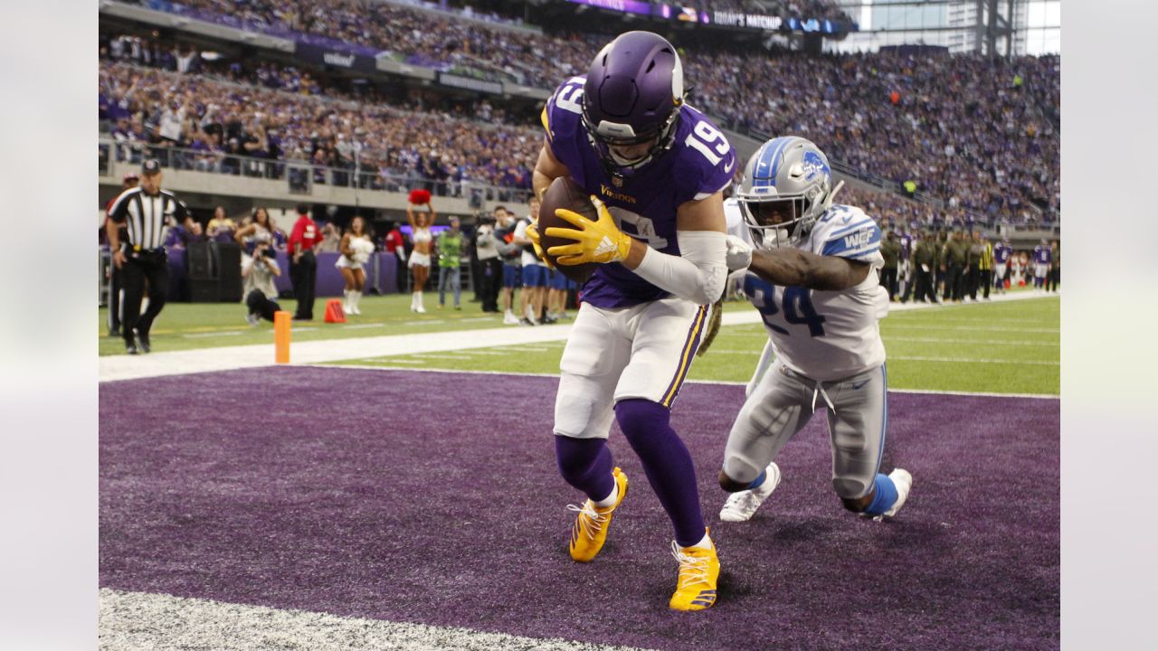 MINNEAPOLIS, MN - SEPTEMBER 25: Minnesota Vikings Wide Receiver Adam  Thielen (19) looks on after scoring a touchdown during the NFL game between  the Detroit Lions and the Minnesota Vikings on September