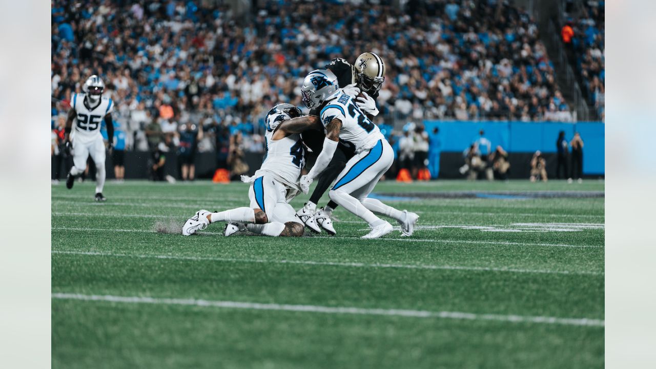 New Orleans Saints vs. Carolina Panther. NFL Game. American Football League  match. Silhouette of professional player celebrate touch down. Screen in b  Stock Photo - Alamy