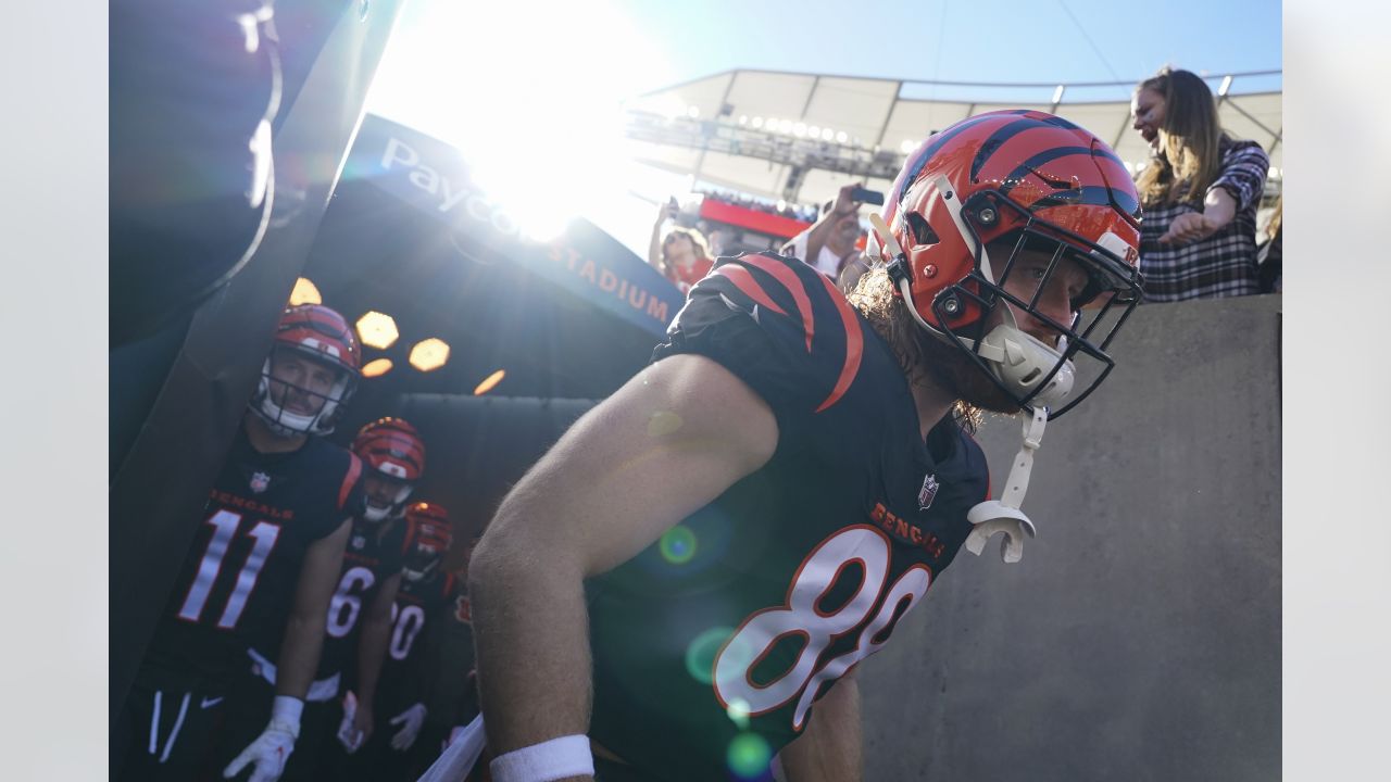 Cincinnati Bengals tight end Hayden Hurst (88) leaps over Buffalo