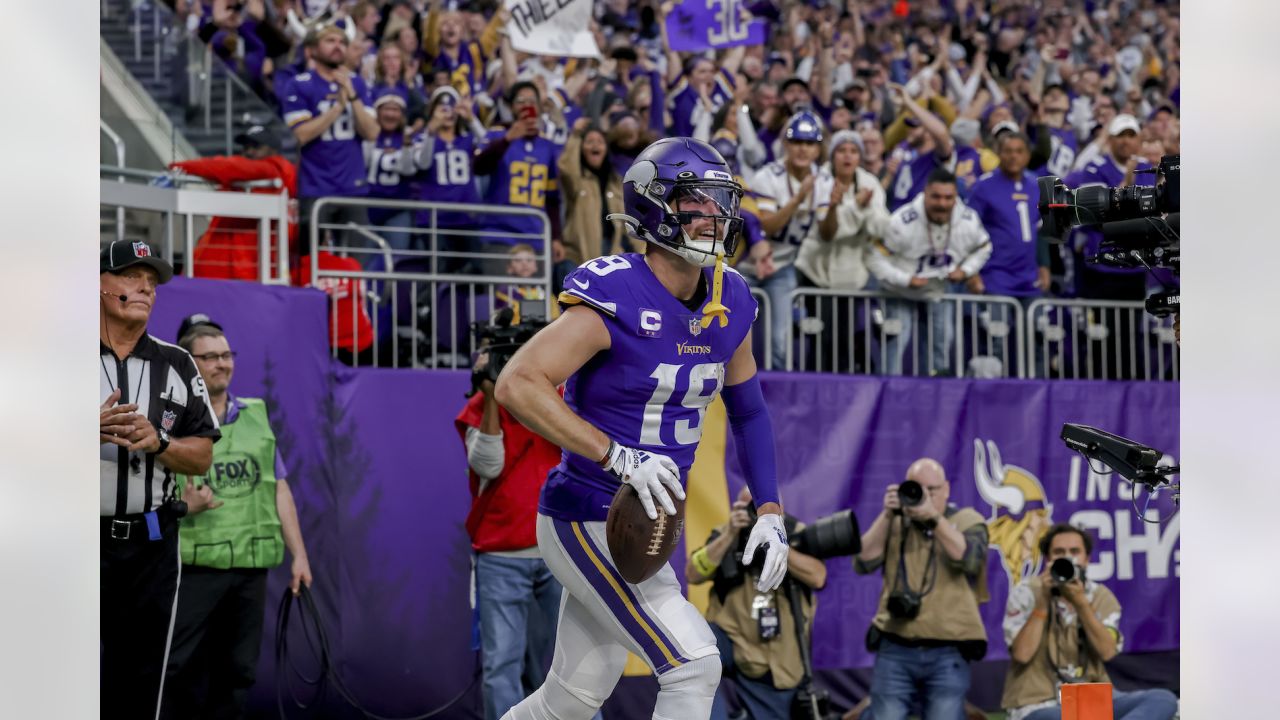 MINNEAPOLIS, MN - SEPTEMBER 25: Minnesota Vikings Wide Receiver Adam  Thielen (19) looks on after scoring a touchdown during the NFL game between  the Detroit Lions and the Minnesota Vikings on September