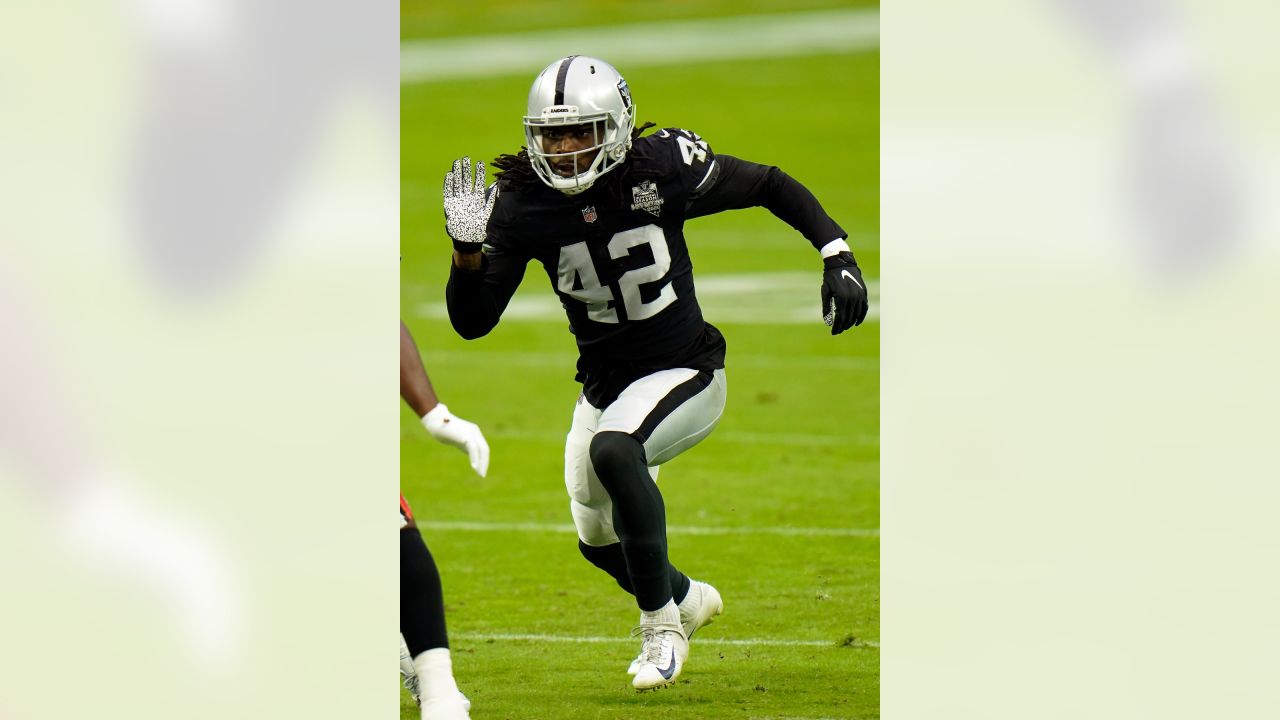 Las Vegas Raiders inside linebacker Cory Littleton (42) tackles New Orleans  Saints running back …