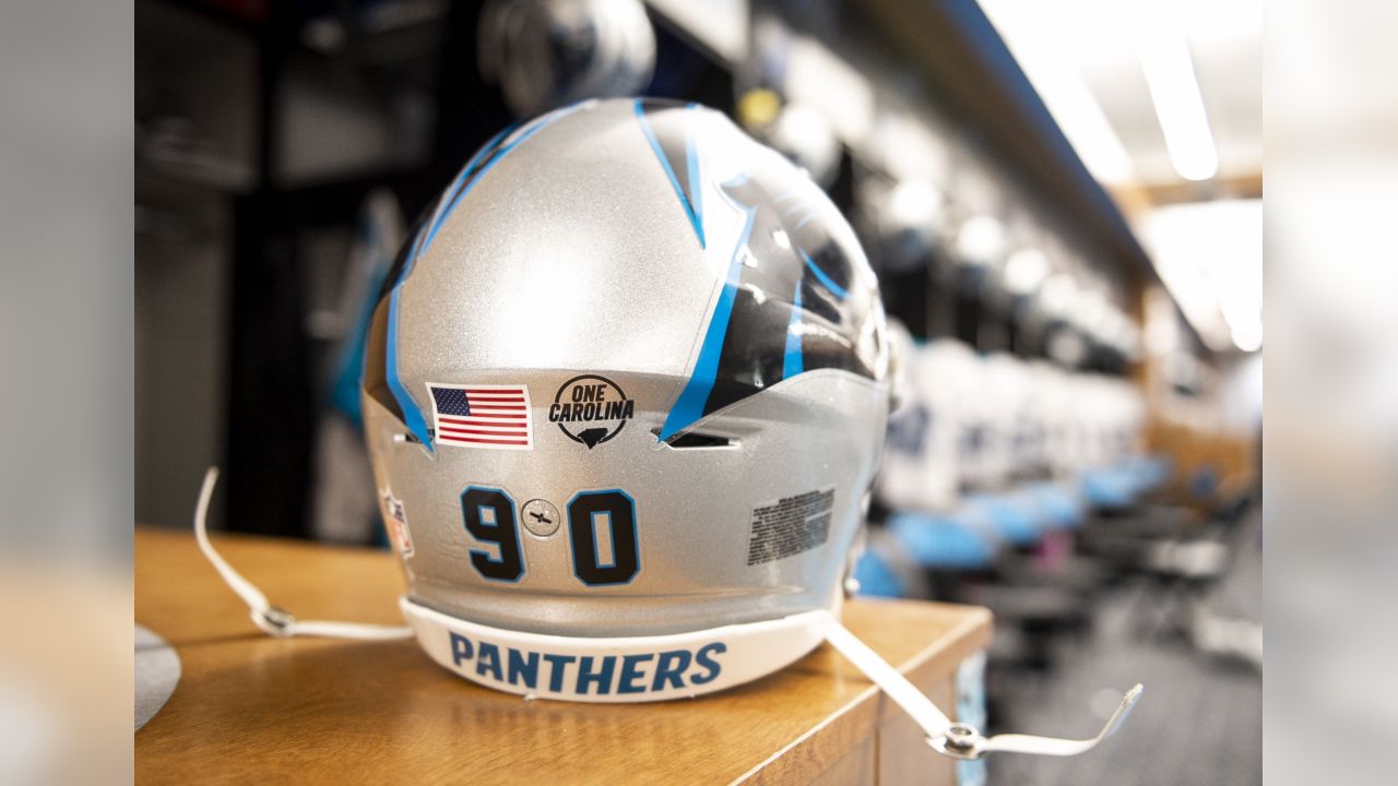 A Salute to Service sticker is seen on Carolina Panthers wide