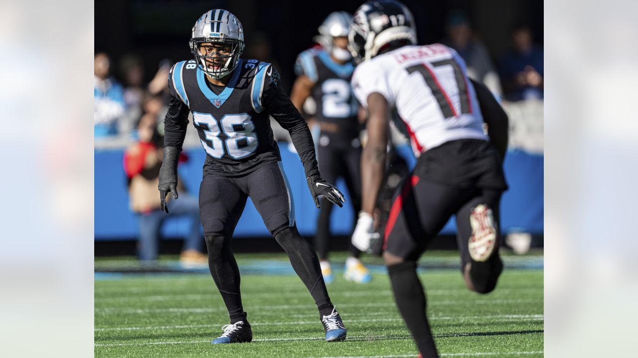 Cornerback Myles Hartsfield of the Carolina Panthers sprints the