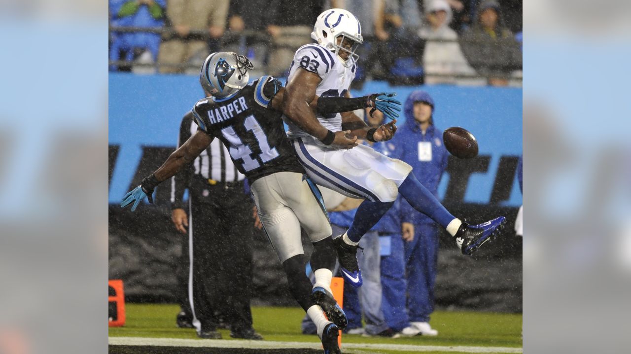 Carolina Panthers defensive back Kurt Coleman (20) after making an  interception during the NFL football game between the Indianapolis Colts  and the Carolina Panthers on Monday, Nov. 2, 2015 in Charlotte, NC.