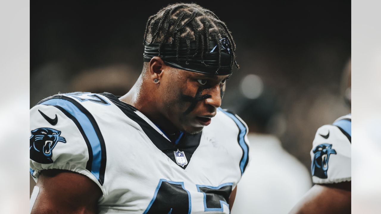 Frankie Luvu of the Carolina Panthers blocks the punt kick return