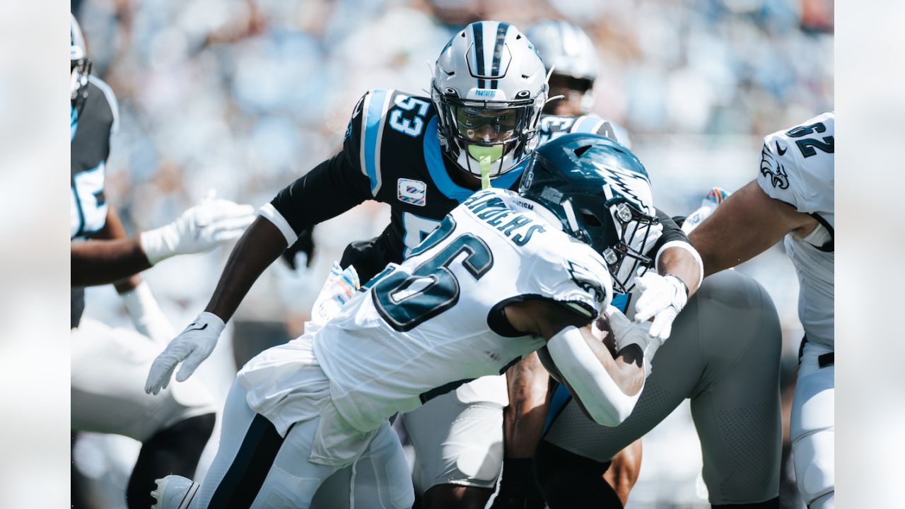 Carolina Panthers defensive tackle Derrick Brown (95) wears a Crucial Catch  t-shirt as he warms up prior to an NFL football game against the  Philadelphia Eagles, Sunday, Oct. 10, 2021, in Charlotte