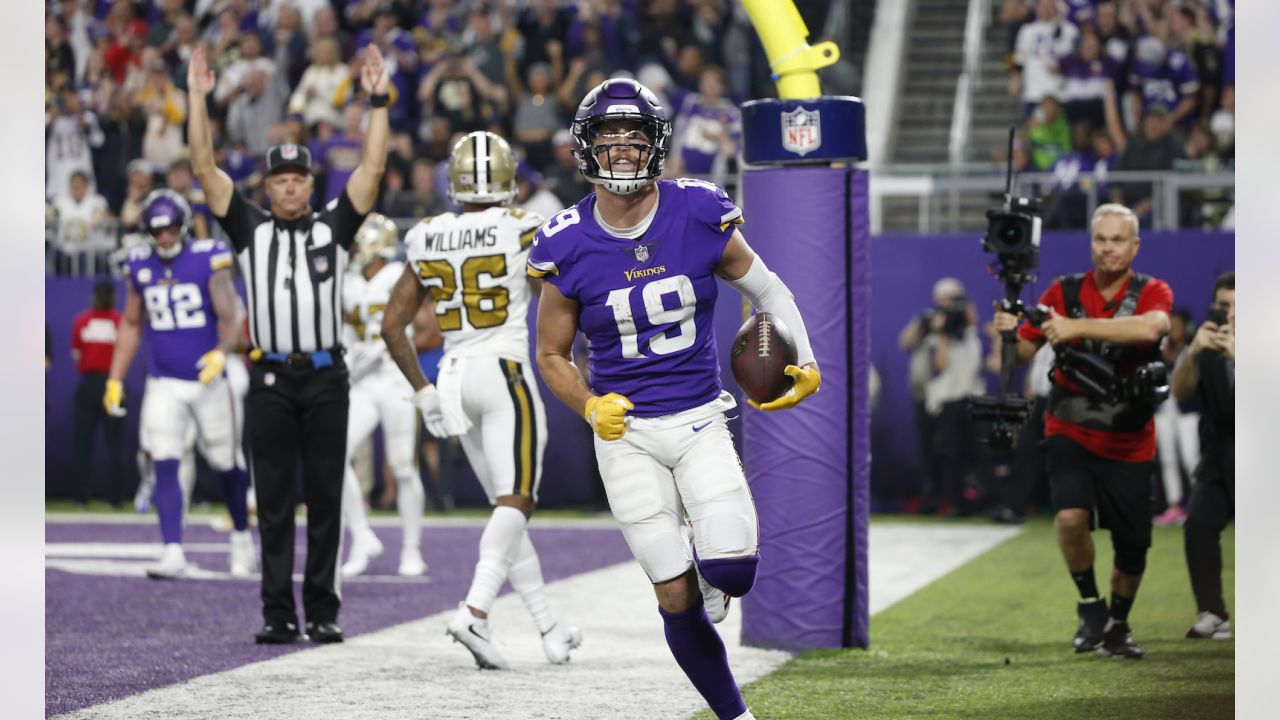 FILE - Minnesota Vikings wide receiver Adam Thielen celebrates after  catching a 23-yard touchdown pass during the first half of an NFL football  game against the Atlanta Falcons, Sunday, Sept. 8, 2019