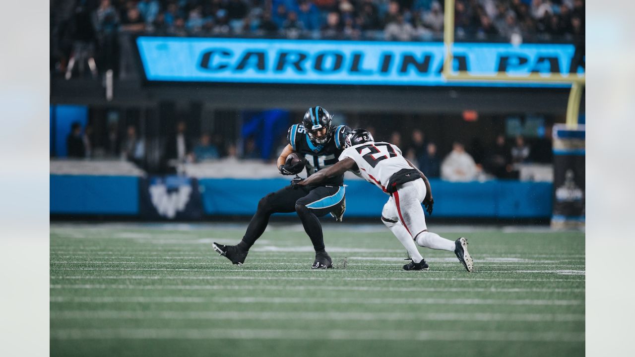 Atlanta Falcons vs. Carolina Panthers. NFL Game. American Football League  match. Silhouette of professional player celebrate touch down. Screen in  bac Stock Photo - Alamy