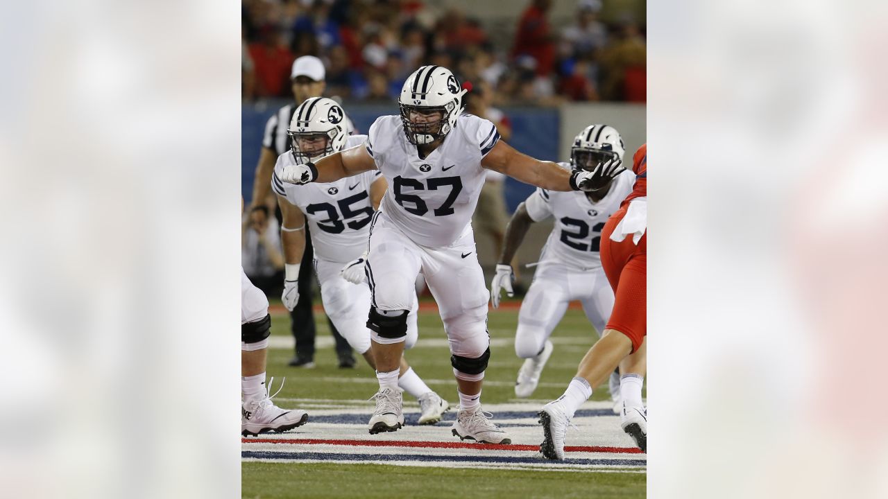 Carolina Panthers offensive tackle Brady Christensen (70) runs off