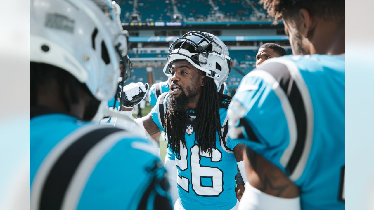 Carolina Panthers cornerback Donte Jackson (26) celebrates after a safety  during an NFL football game against the Philadelphia Eagles, Sunday, Oct.  10, 2021, in Charlotte, N.C. (AP Photo/Brian Westerholt Stock Photo - Alamy