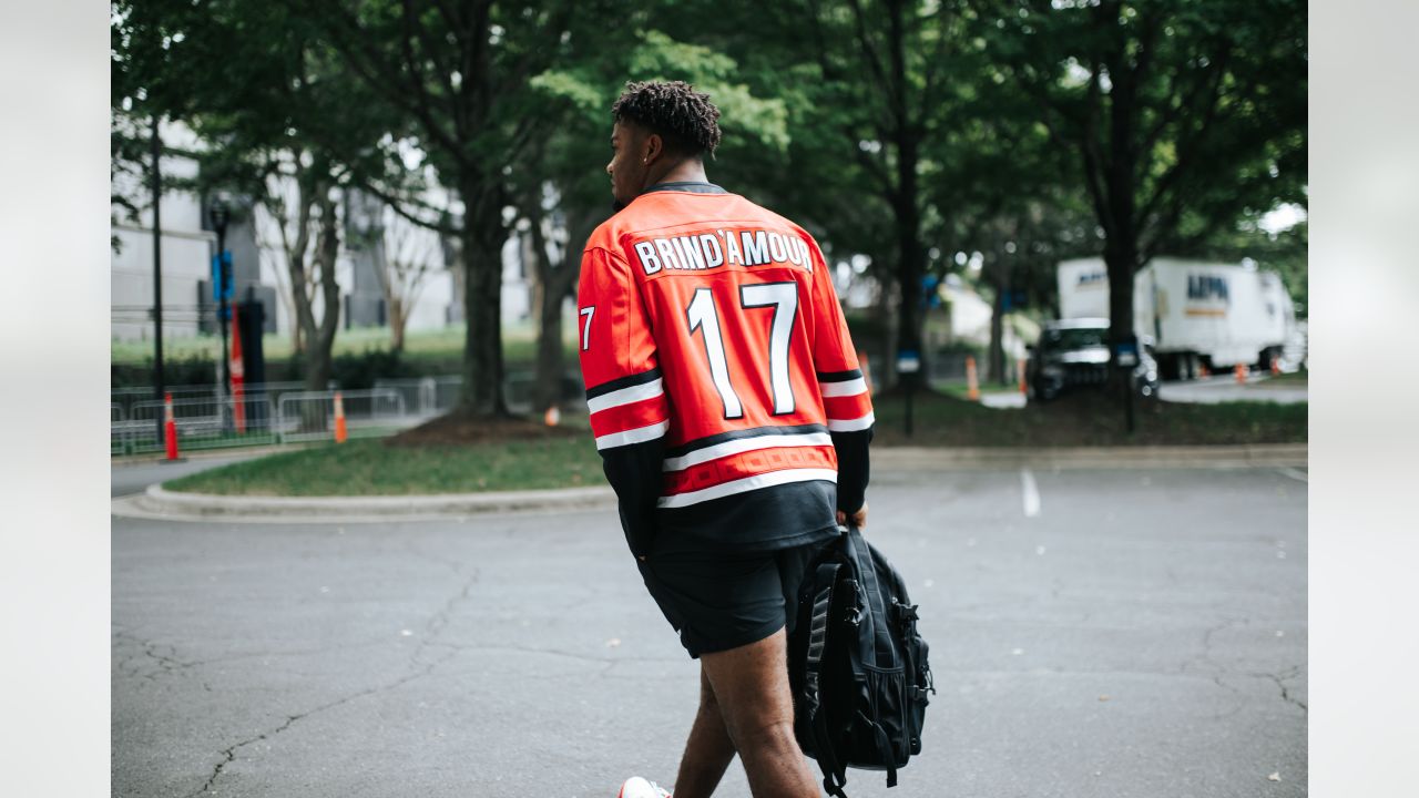 Jeremy Chinn arrives wearing Rod Brind'Amour jersey