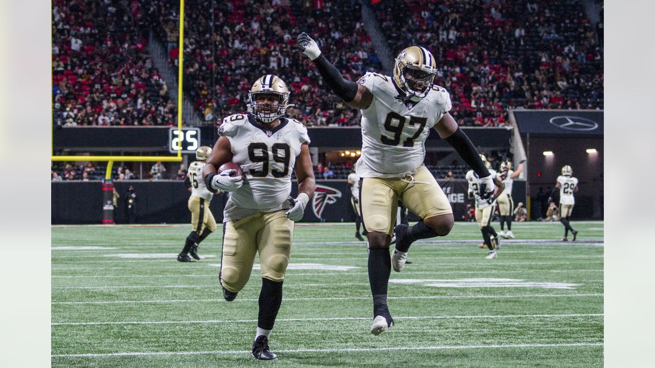 New Orleans Saints defensive end Malcolm Roach (97) reacts after